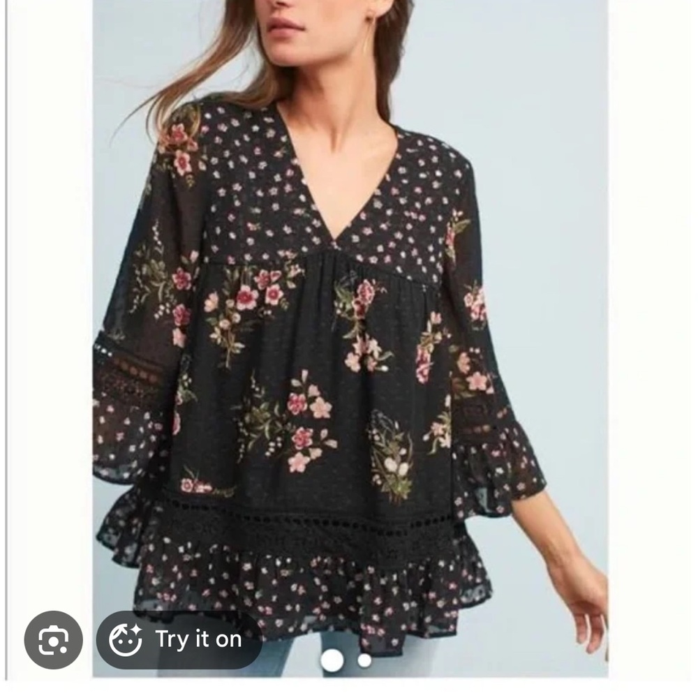 Maeve Black Floral V-Neck Ruffled Peasant Tunic